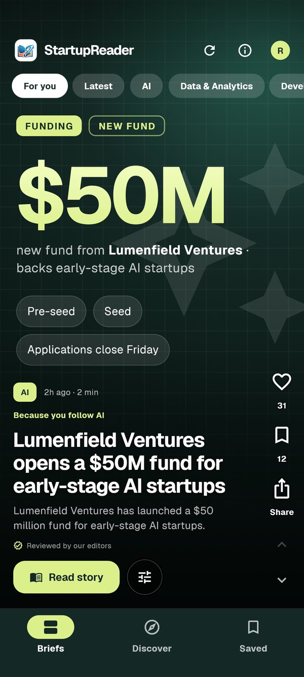 The StartupReader app: a funding story on a card in the For You feed