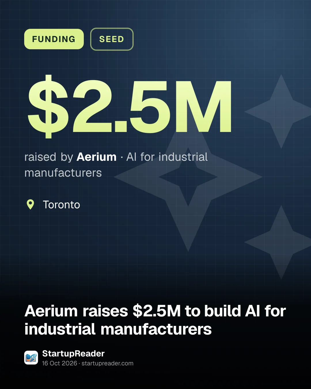 FUNDING. $2.5M raised by Aerium, AI for industrial manufacturers. Toronto.