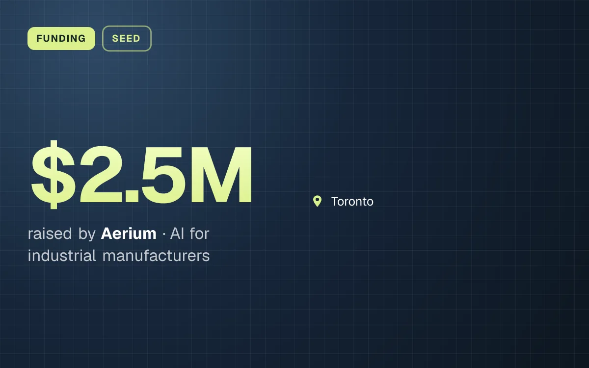 FUNDING. $2.5M raised by Aerium, AI for industrial manufacturers. Toronto.