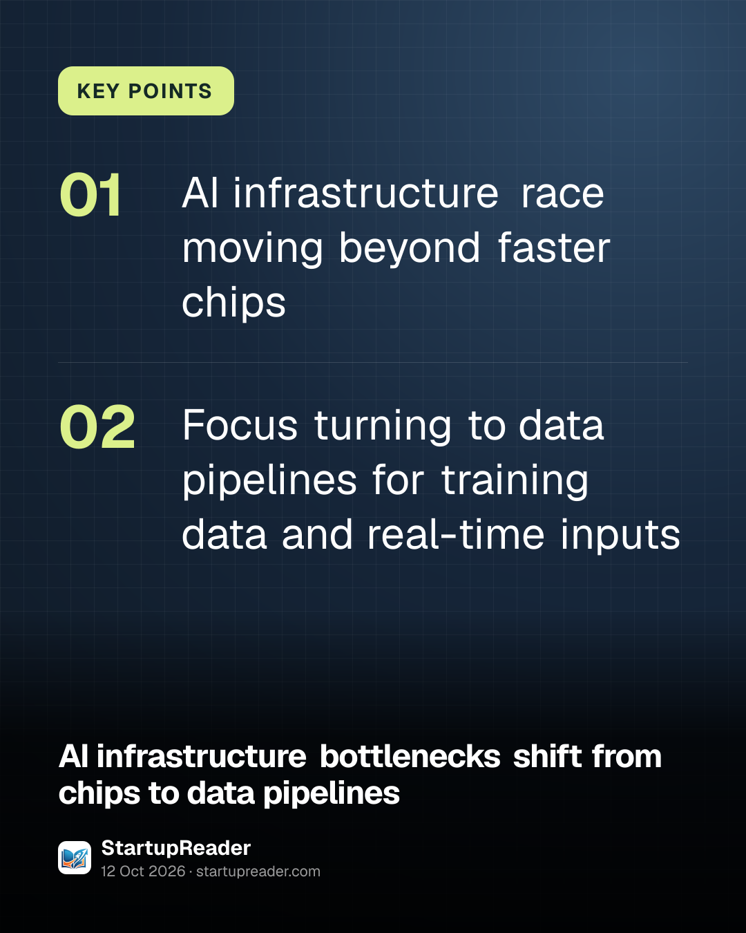 KEY POINTS. AI infrastructure race moving beyond faster chips; Focus turning to data pipelines for training data and real-time inputs.