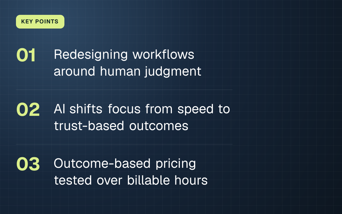 KEY POINTS. Redesigning workflows around human judgment; AI shifts focus from speed to trust-based outcomes; Outcome-based pricing tested over billable hours.