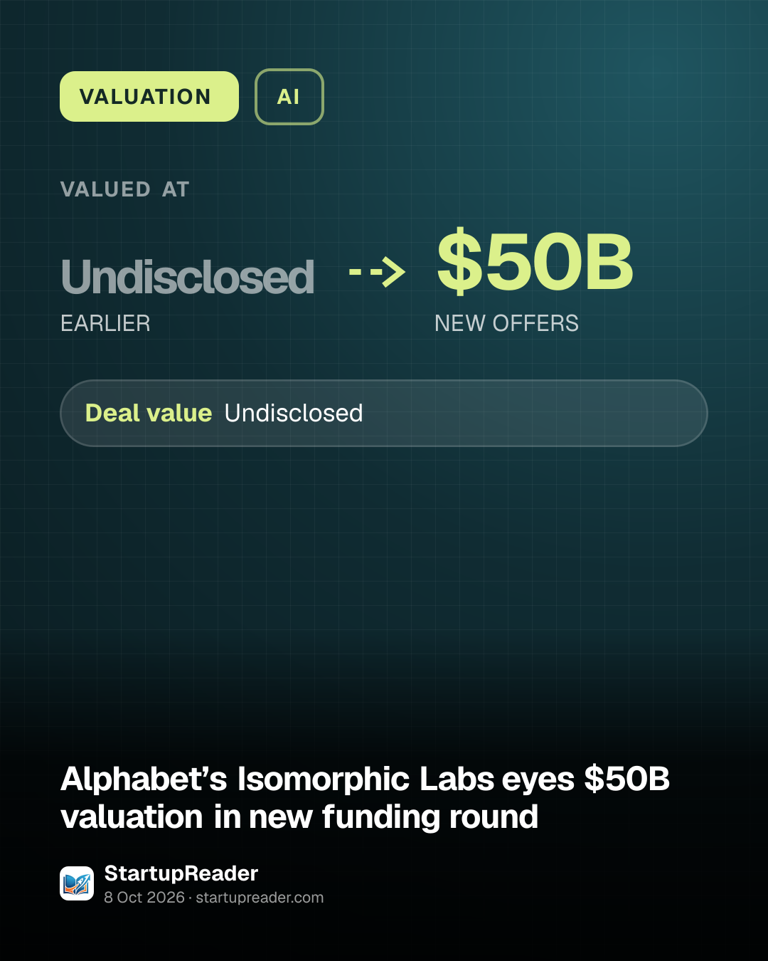 VALUATION. valued at Undisclosed (EARLIER) to $50B (NEW OFFERS). Undisclosed Deal value, AI for drug discovery.