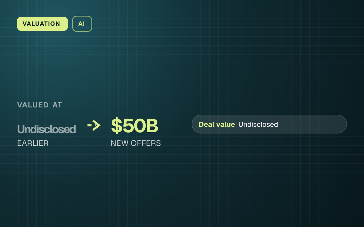 VALUATION. valued at Undisclosed (EARLIER) to $50B (NEW OFFERS). Undisclosed Deal value, AI for drug discovery.