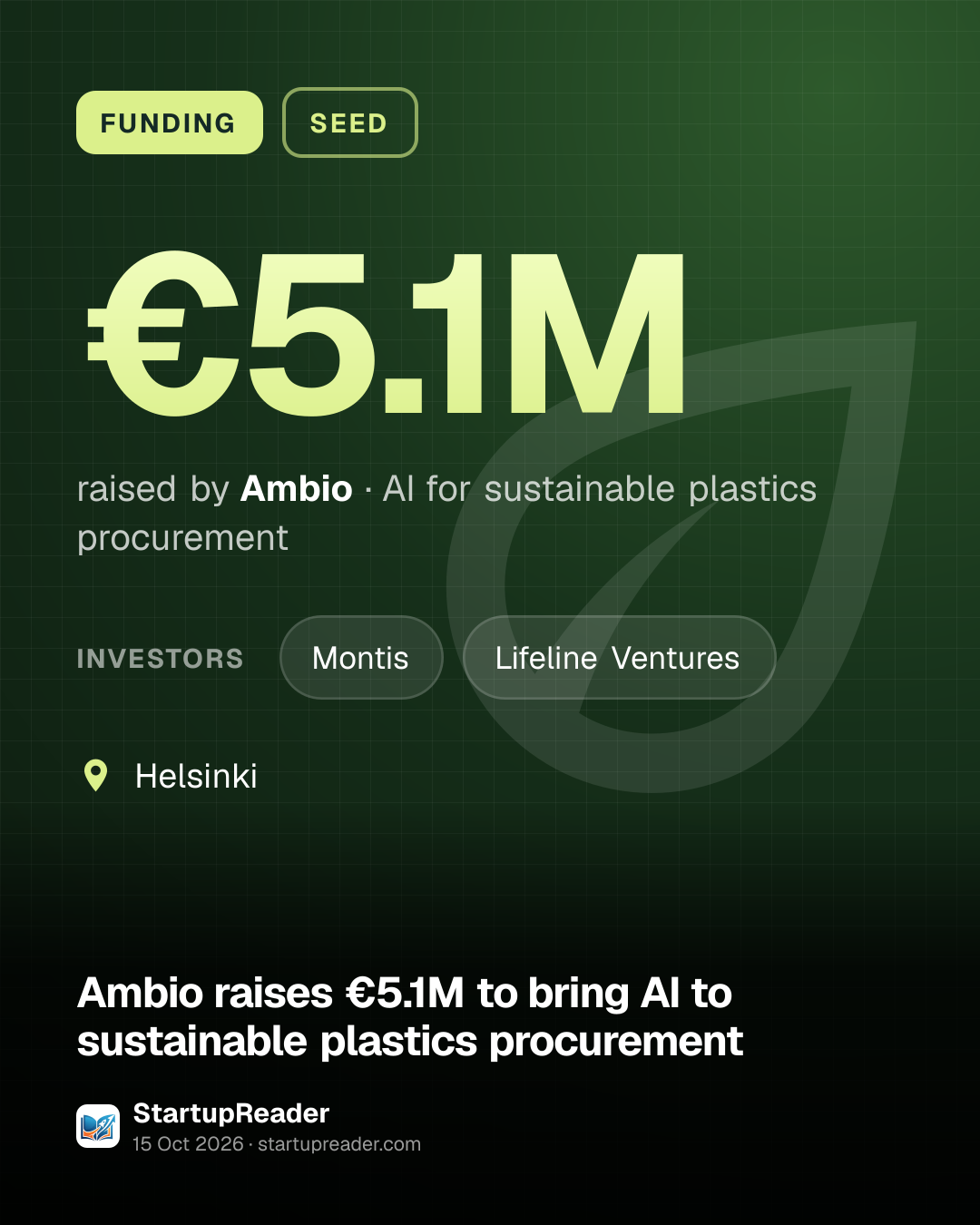 FUNDING. €5.1M raised by Ambio, AI for sustainable plastics procurement. investors: Montis, Lifeline Ventures. Helsinki.