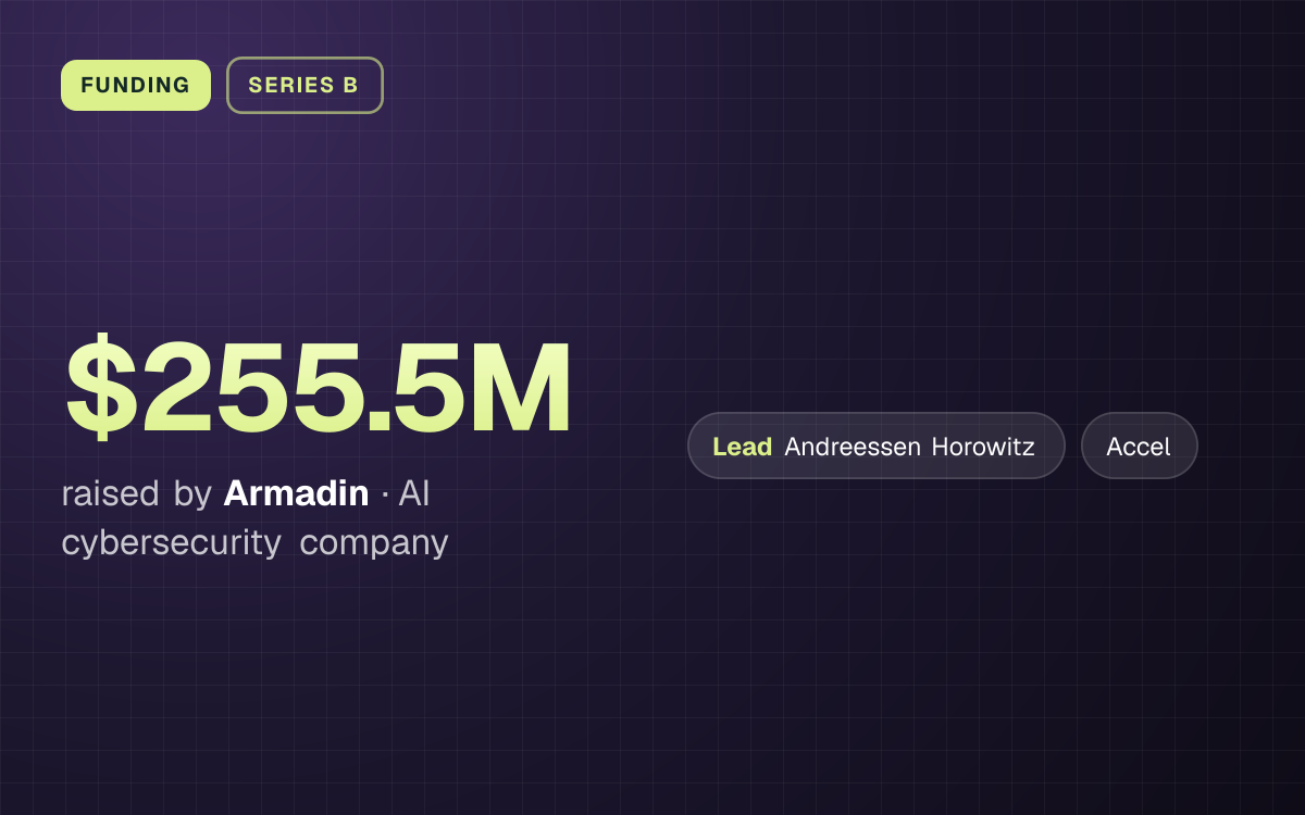 FUNDING. $255.5M raised by Armadin, AI cybersecurity company. led by Andreessen Horowitz, Accel.