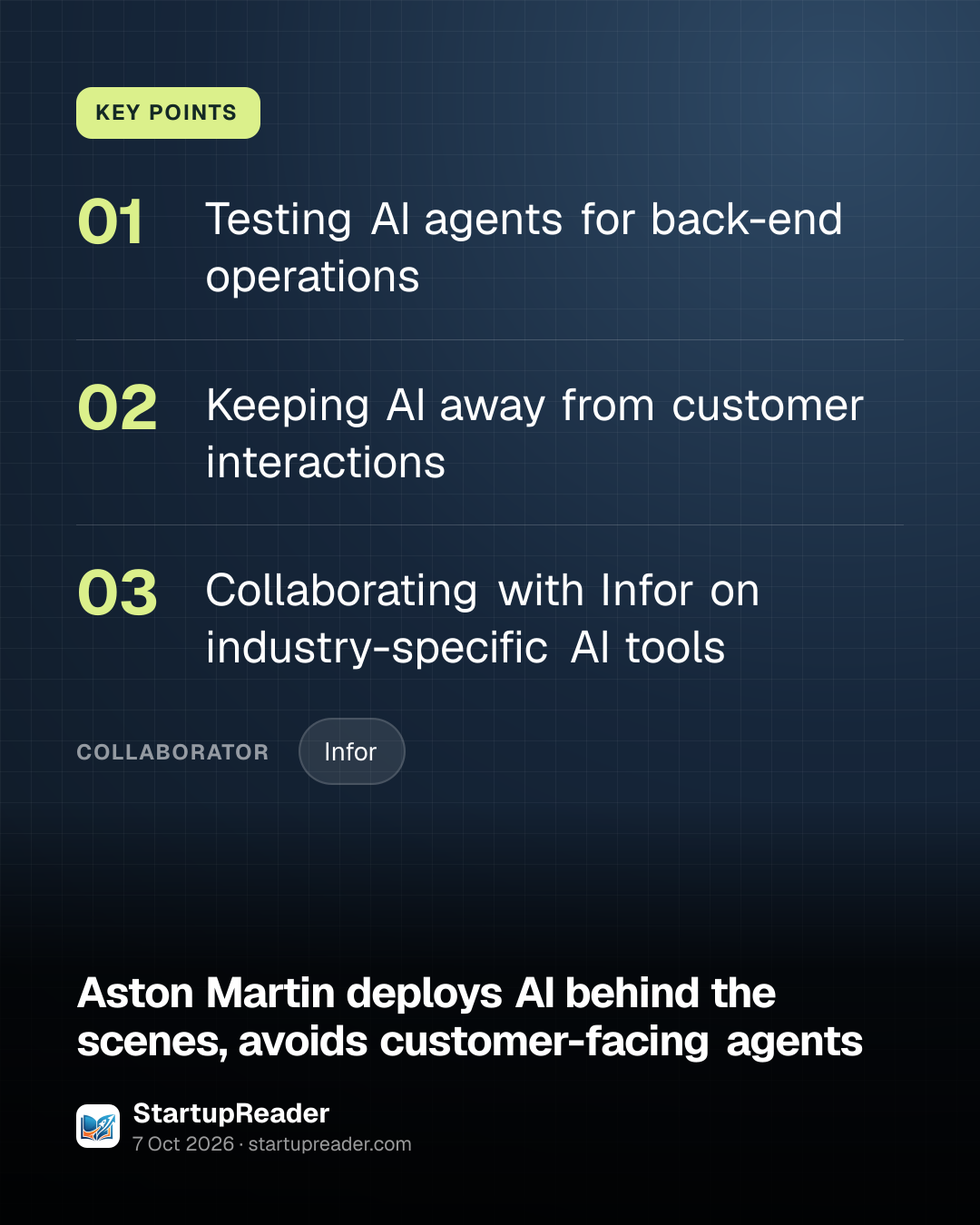 KEY POINTS. Testing AI agents for back-end operations; Keeping AI away from customer interactions; Collaborating with Infor on industry-specific AI tools. collaborator: Infor.