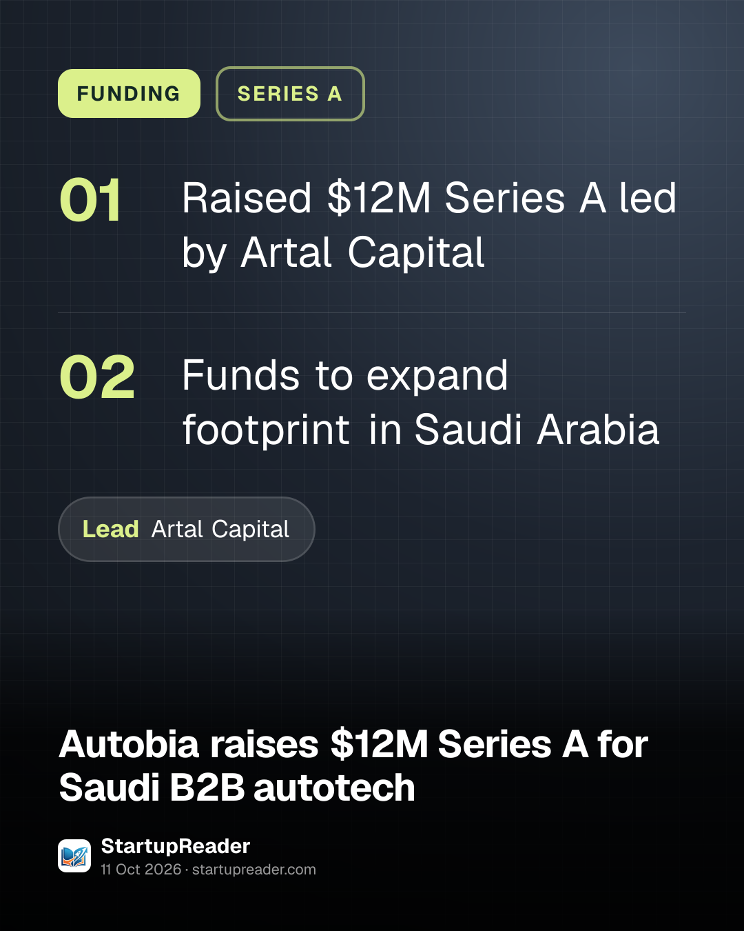 FUNDING. Raised $12M Series A led by Artal Capital; Funds to expand footprint in Saudi Arabia. led by Artal Capital.