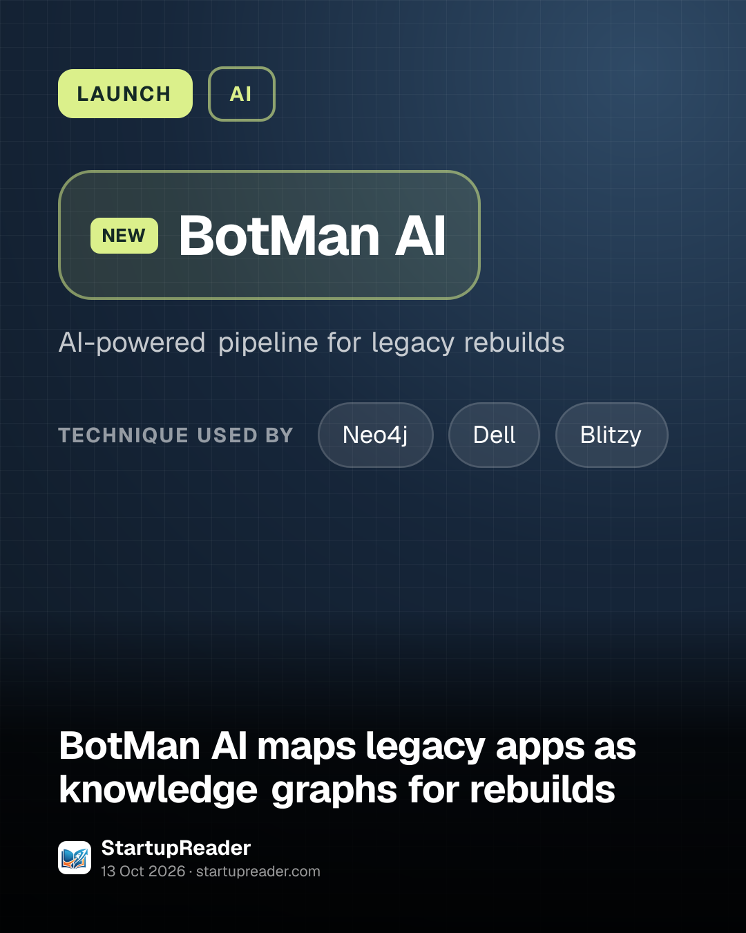 LAUNCH. BotMan AI, AI-powered pipeline for legacy rebuilds. technique used by: Neo4j, Dell, Blitzy.