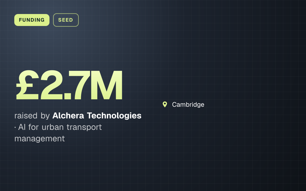 FUNDING. £2.7M raised by Alchera Technologies, AI for urban transport management. Cambridge.