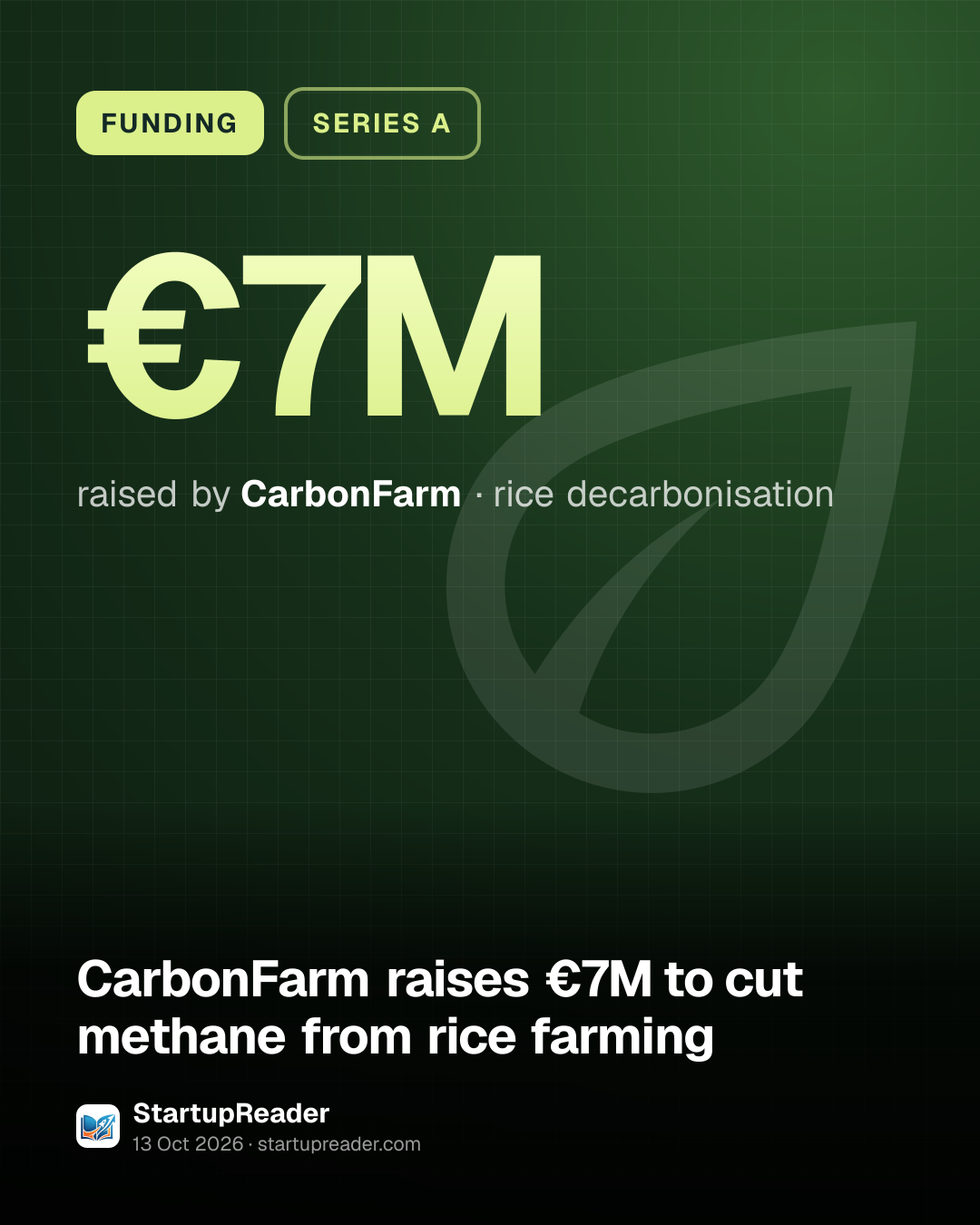 FUNDING. €7M raised by CarbonFarm, rice decarbonisation.