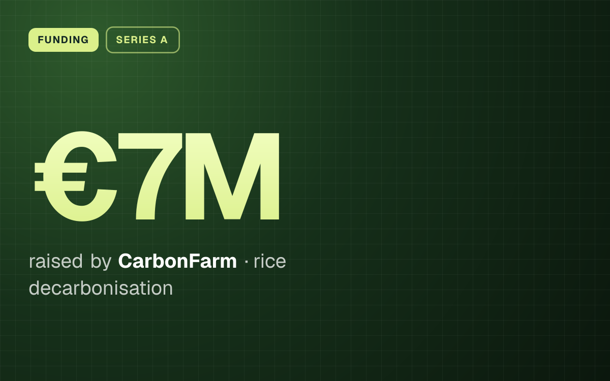 FUNDING. €7M raised by CarbonFarm, rice decarbonisation.