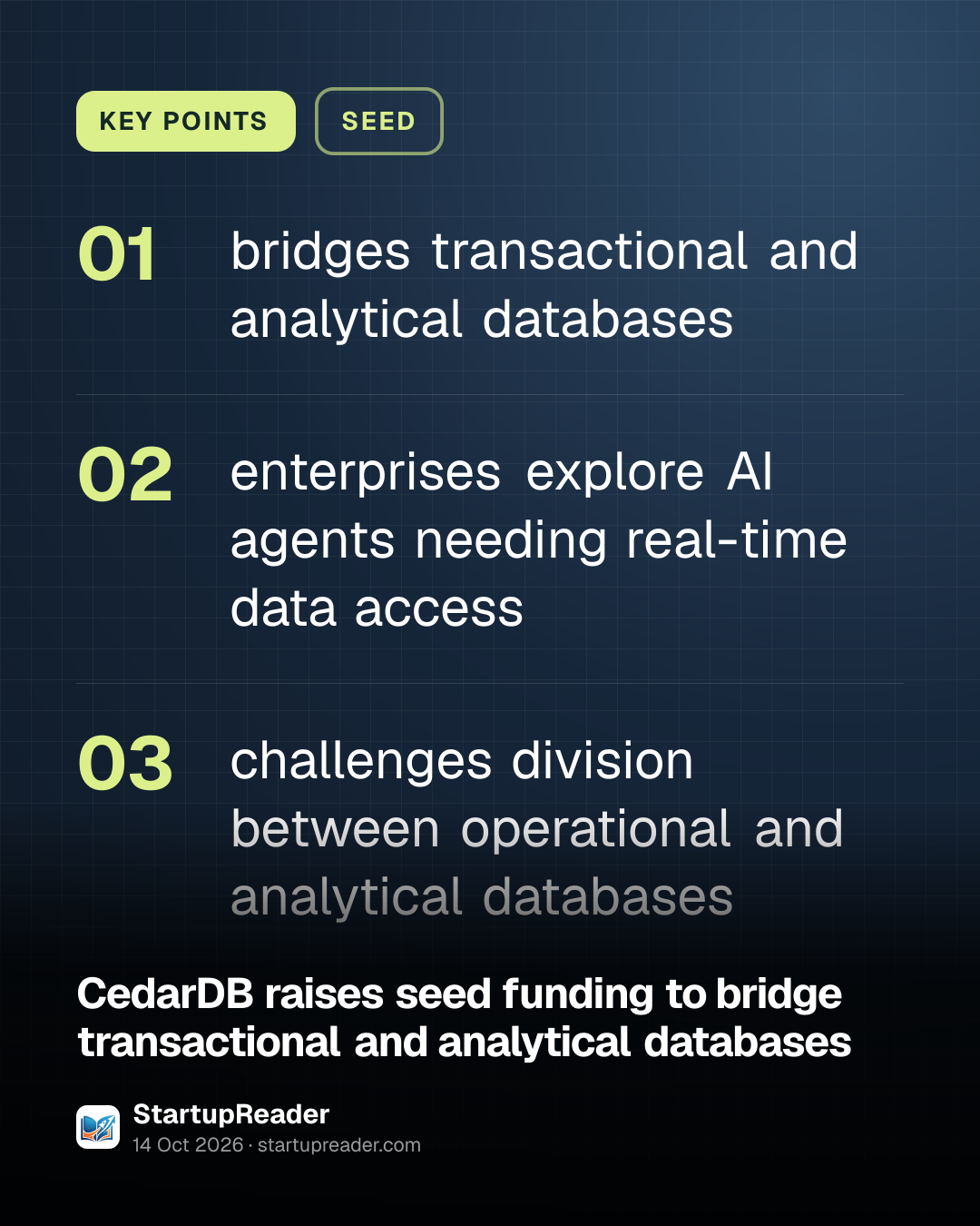 KEY POINTS. bridges transactional and analytical databases; enterprises explore AI agents needing real-time data access; challenges division between operational and analytical databases.