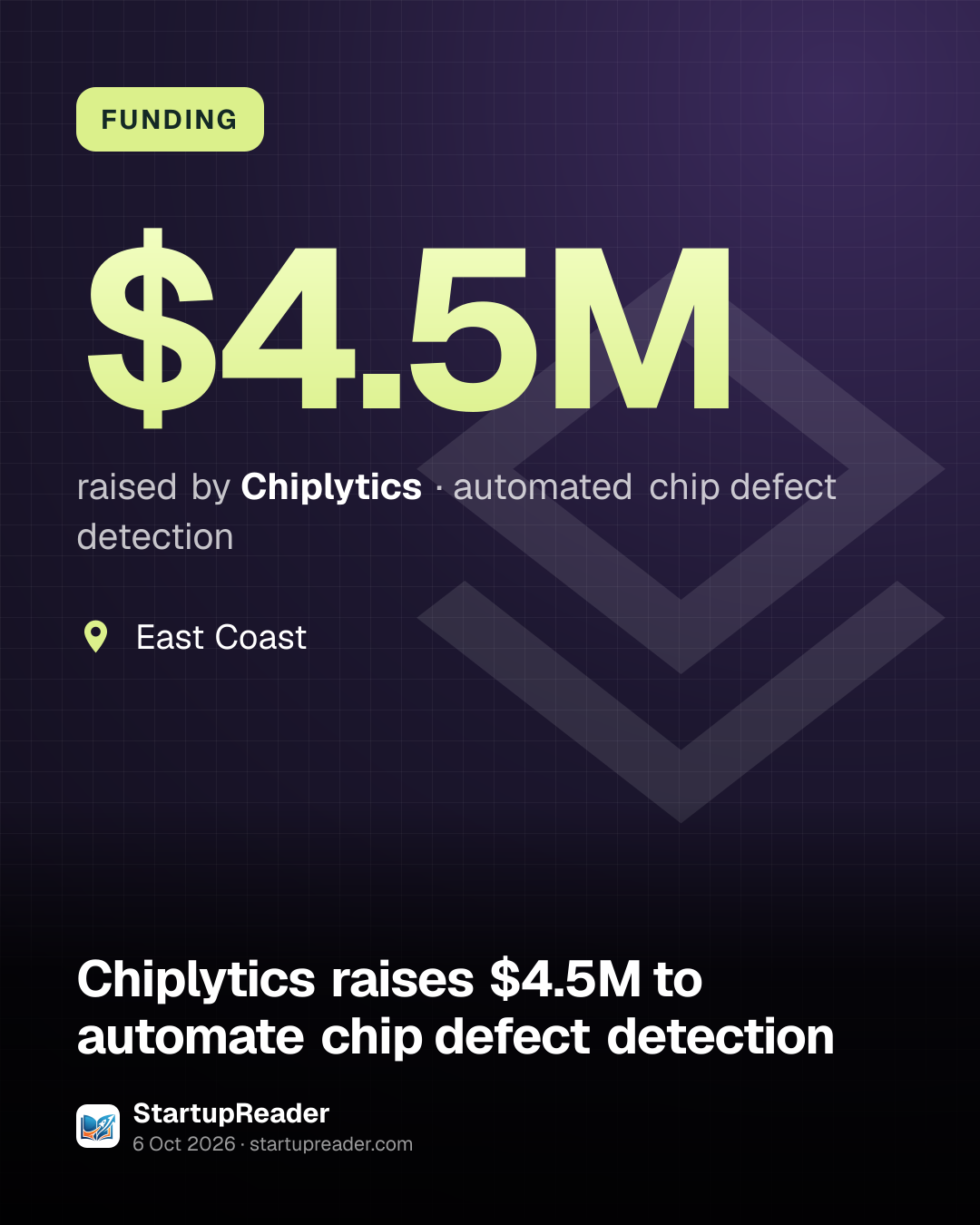 FUNDING. $4.5M raised by Chiplytics, automated chip defect detection. East Coast.