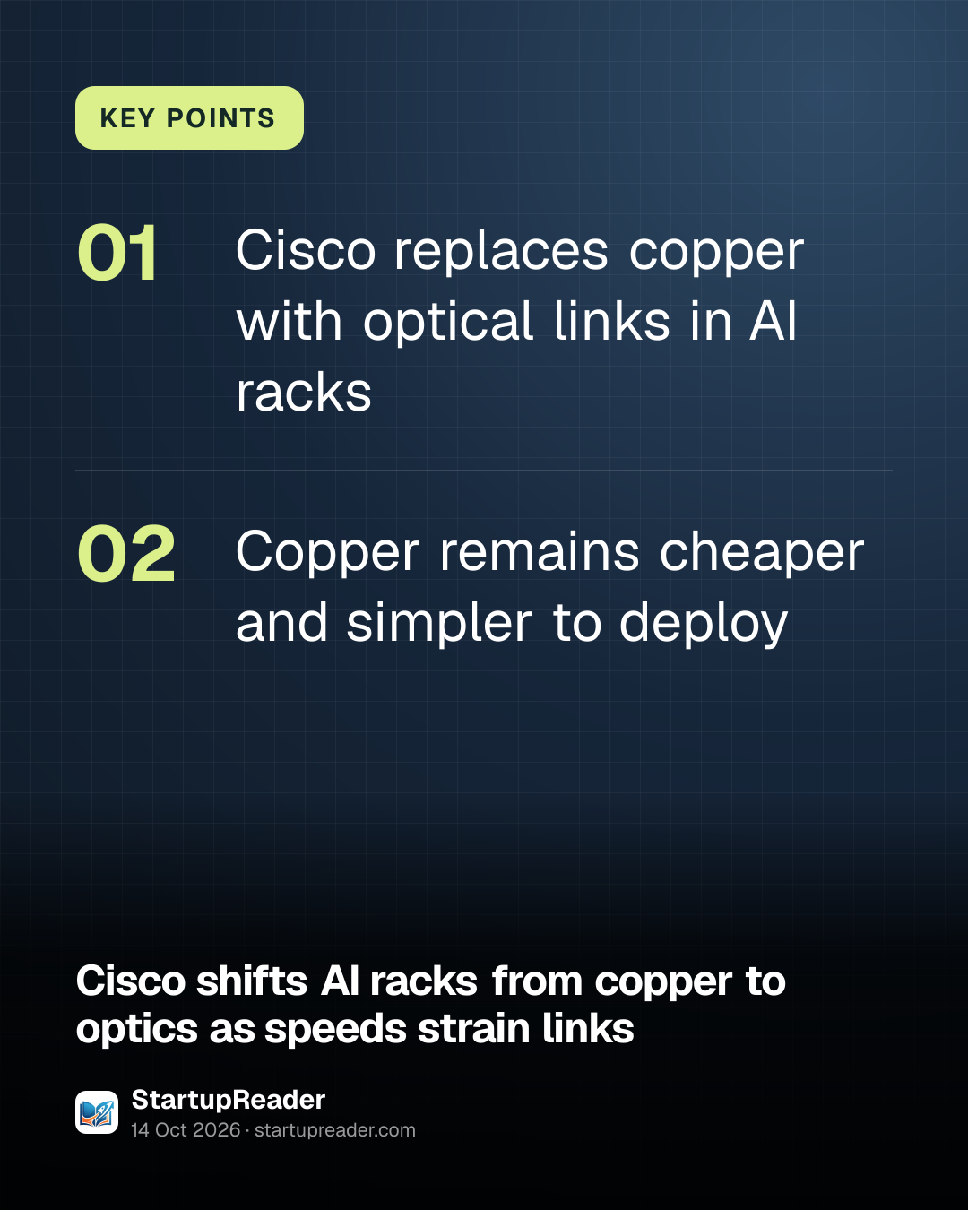 KEY POINTS. Cisco replaces copper with optical links in AI racks; Copper remains cheaper and simpler to deploy.