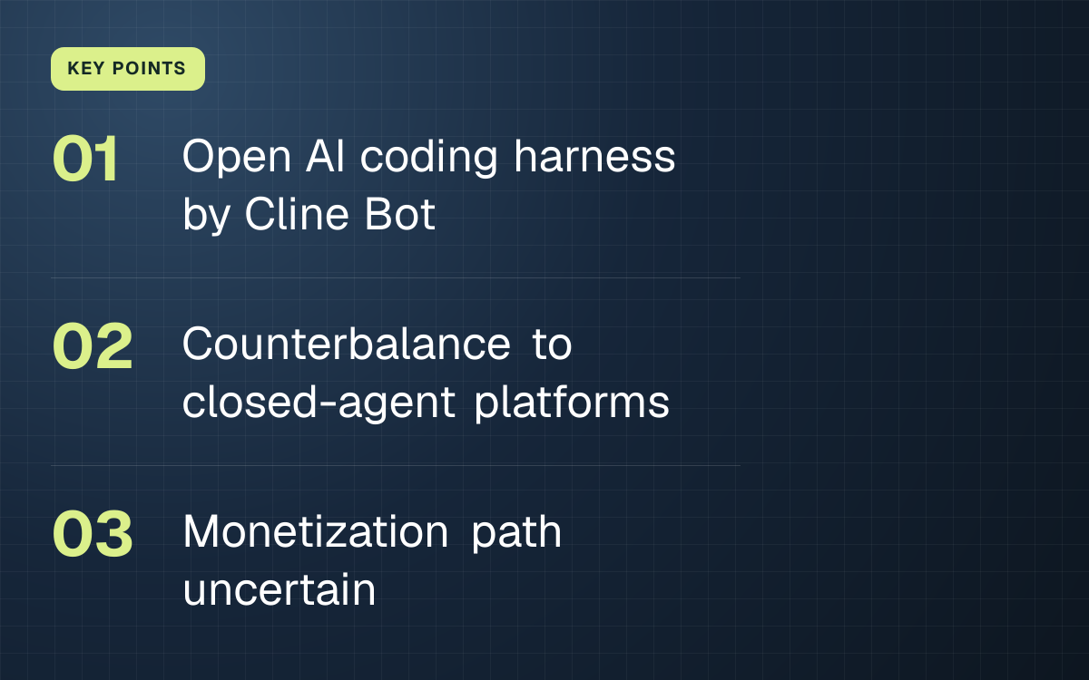 KEY POINTS. Open AI coding harness by Cline Bot; Counterbalance to closed-agent platforms; Monetization path uncertain.
