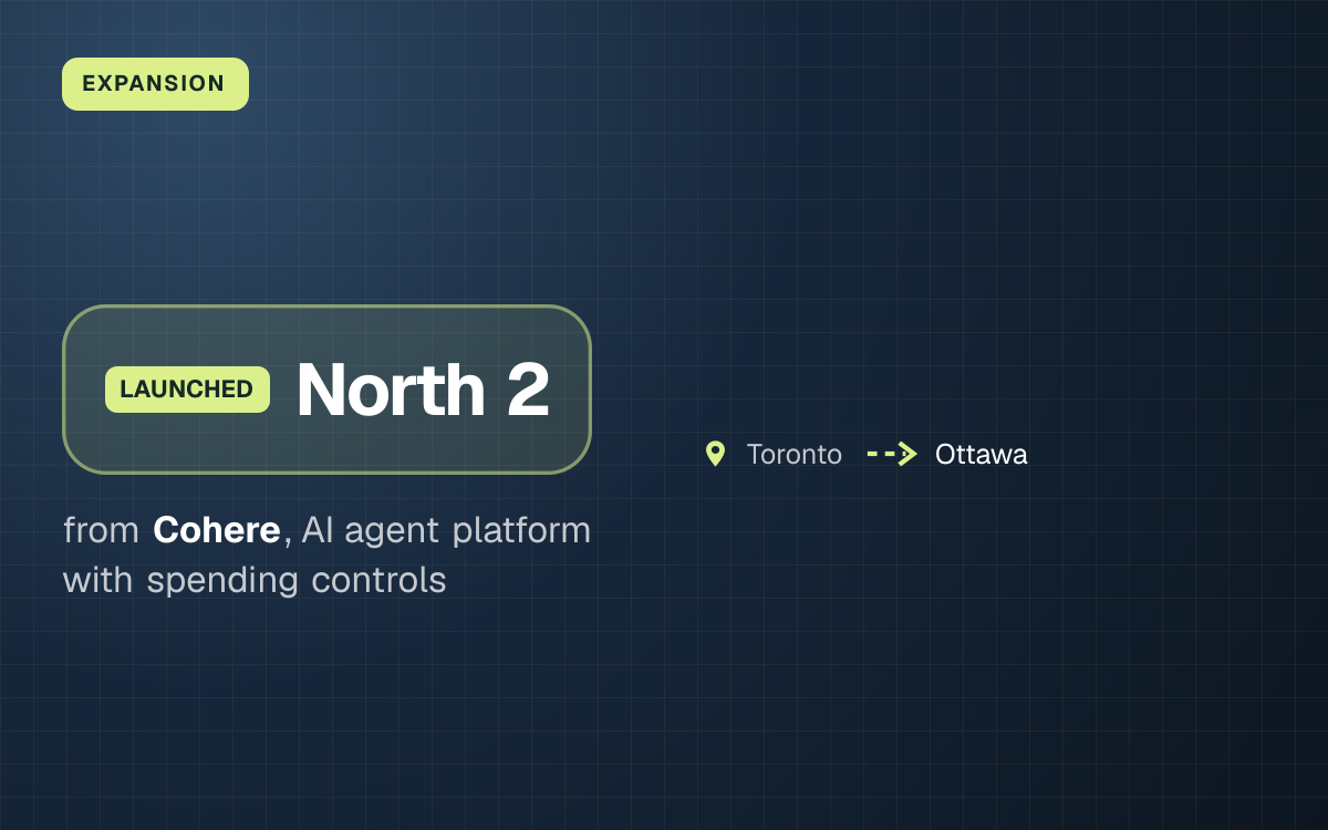 EXPANSION. North 2 from Cohere, AI agent platform with spending controls. Toronto to Ottawa.