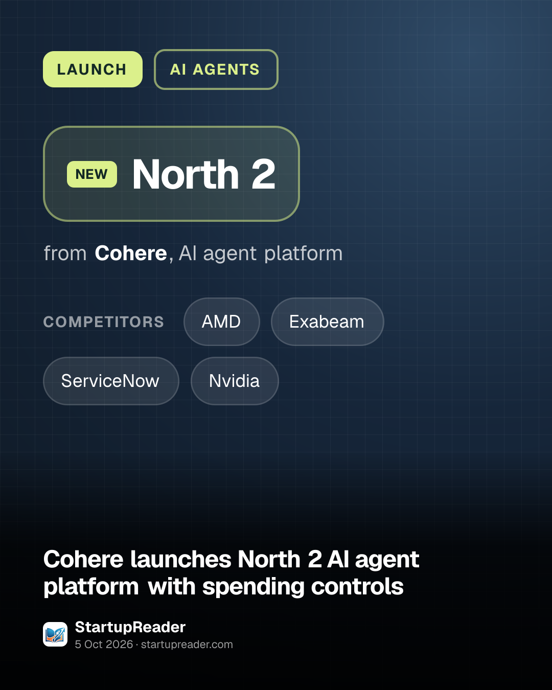 LAUNCH. North 2 from Cohere, AI agent platform. competitors: AMD, Exabeam, ServiceNow, Nvidia.