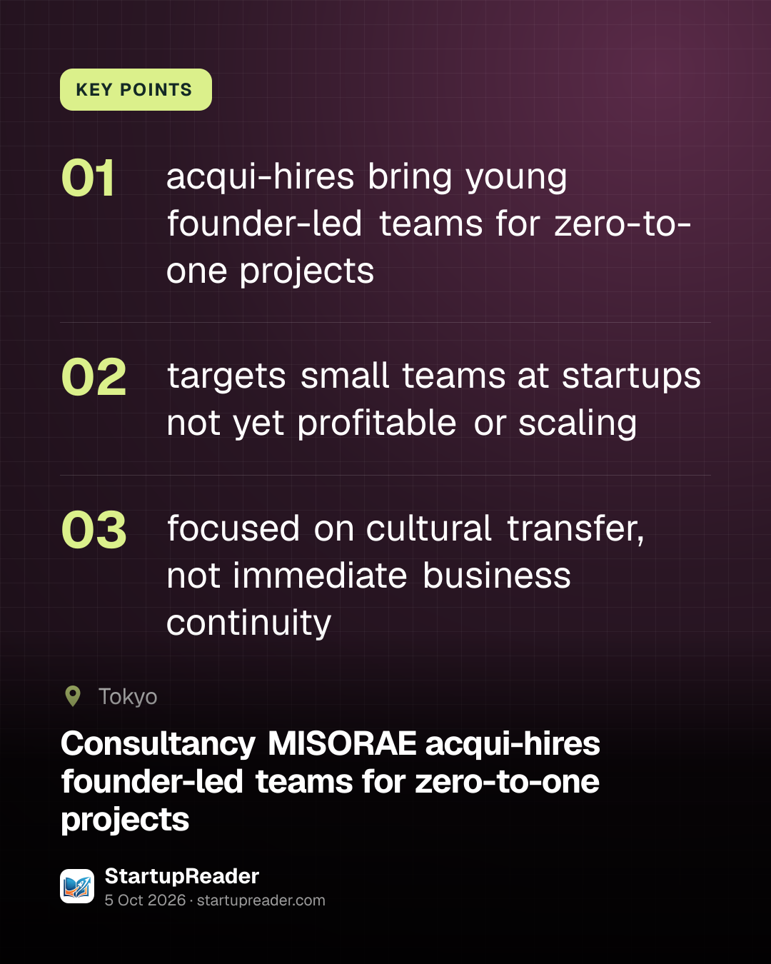 KEY POINTS. acqui-hires bring young founder-led teams for zero-to-one projects; targets small teams at startups not yet profitable or scaling; focused on cultural transfer, not immediate business continuity. Tokyo.