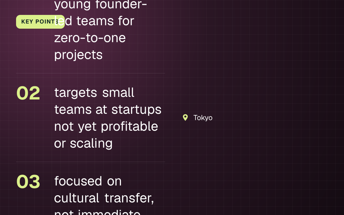 KEY POINTS. acqui-hires bring young founder-led teams for zero-to-one projects; targets small teams at startups not yet profitable or scaling; focused on cultural transfer, not immediate business continuity. Tokyo.