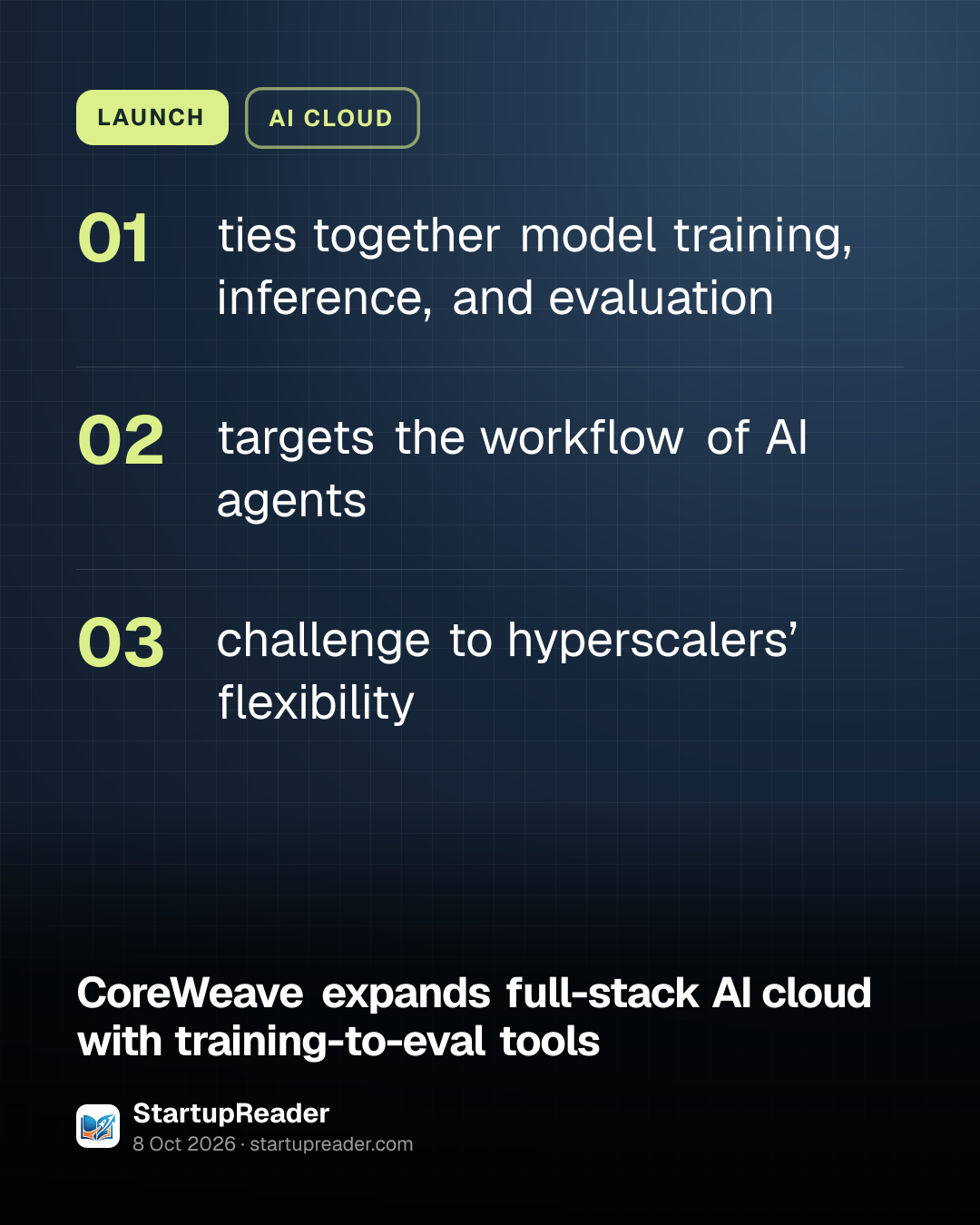 LAUNCH. ties together model training, inference, and evaluation; targets the workflow of AI agents; challenge to hyperscalers’ flexibility.