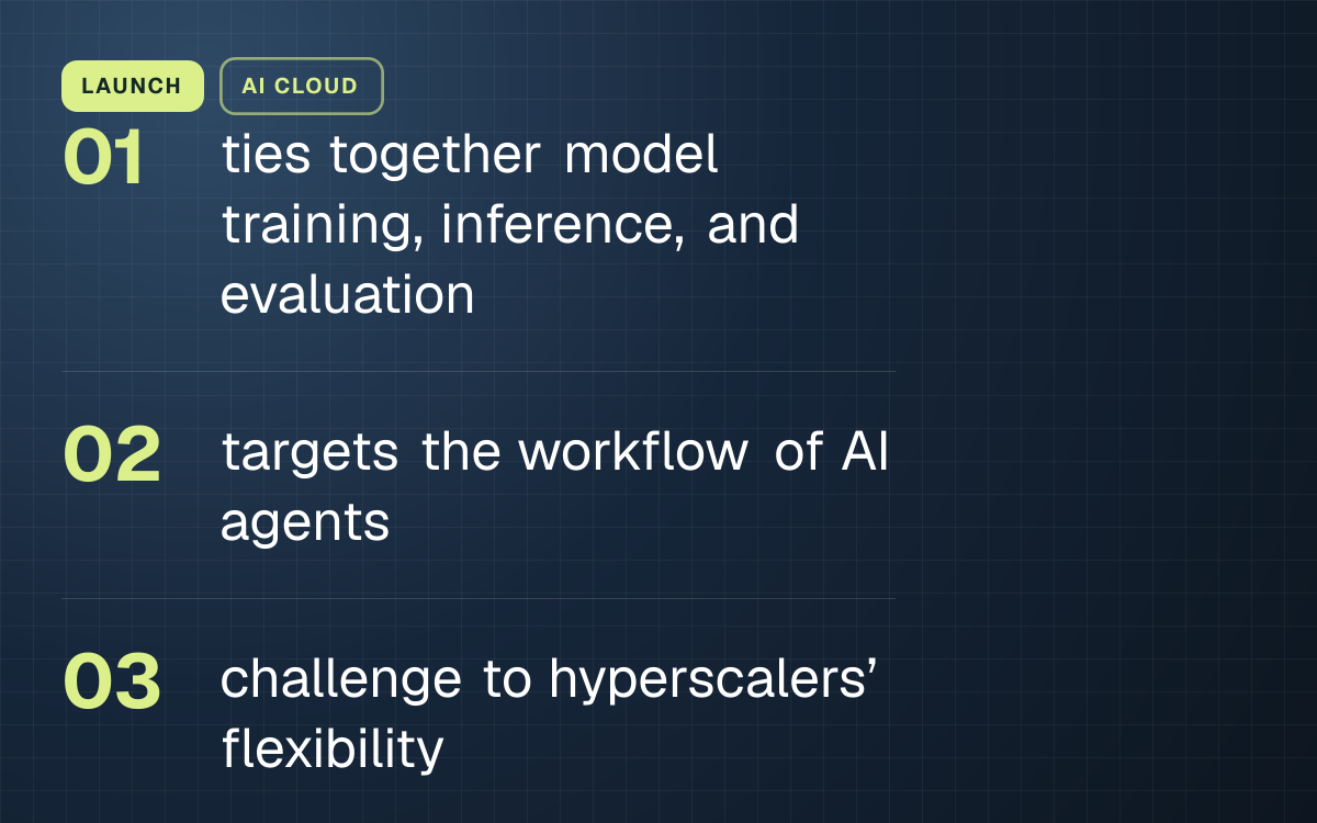 LAUNCH. ties together model training, inference, and evaluation; targets the workflow of AI agents; challenge to hyperscalers’ flexibility.