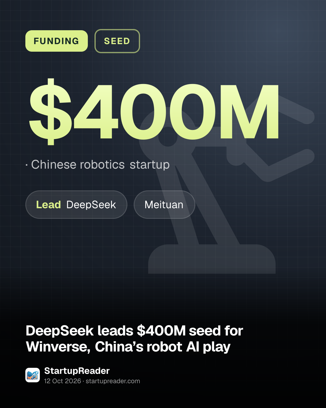 FUNDING. $400M, Chinese robotics startup. led by DeepSeek, Meituan.