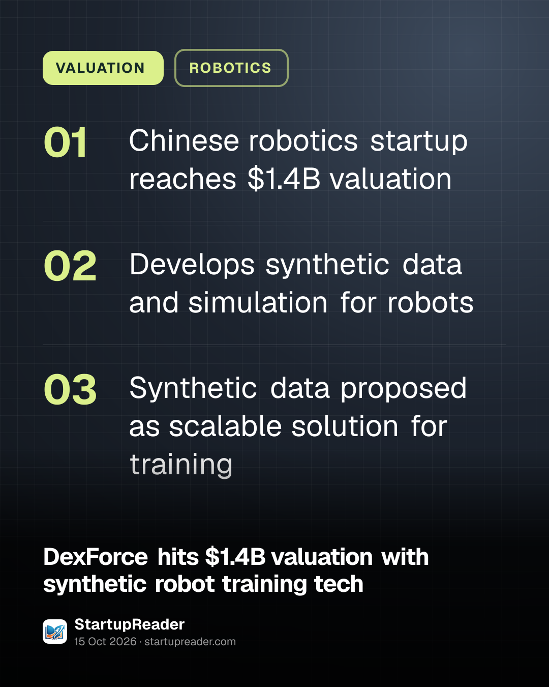 VALUATION. Chinese robotics startup reaches $1.4B valuation; Develops synthetic data and simulation for robots; Synthetic data proposed as scalable solution for training.
