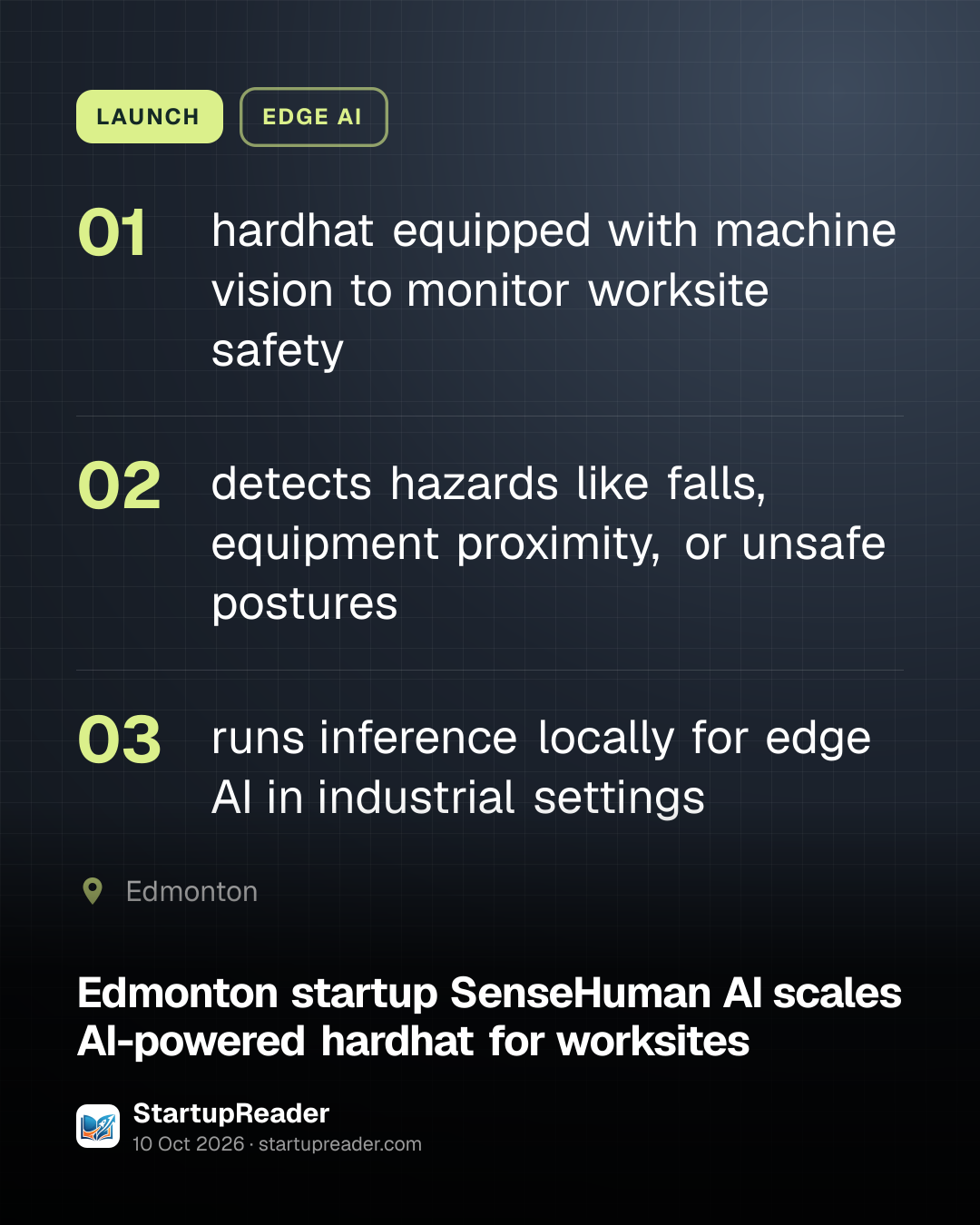 LAUNCH. hardhat equipped with machine vision to monitor worksite safety; detects hazards like falls, equipment proximity, or unsafe postures; runs inference locally for edge AI in industrial settings. Edmonton.