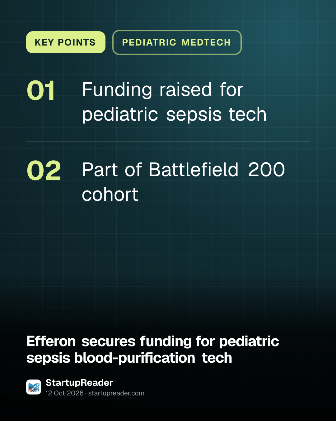 KEY POINTS. Funding raised for pediatric sepsis tech; Part of Battlefield 200 cohort.