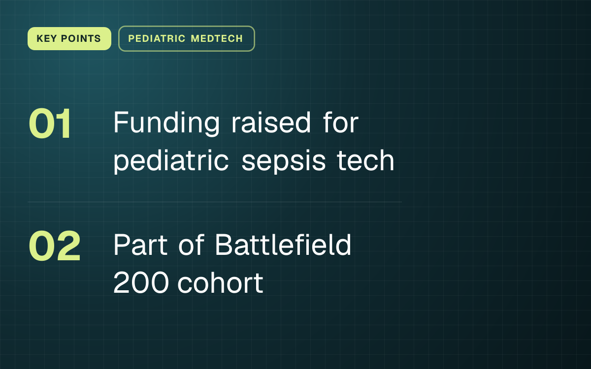 KEY POINTS. Funding raised for pediatric sepsis tech; Part of Battlefield 200 cohort.