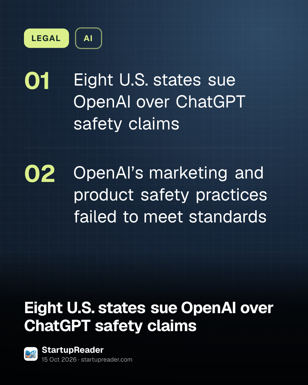 LEGAL. Eight U.S. states sue OpenAI over ChatGPT safety claims; OpenAI’s marketing and product safety practices failed to meet standards.