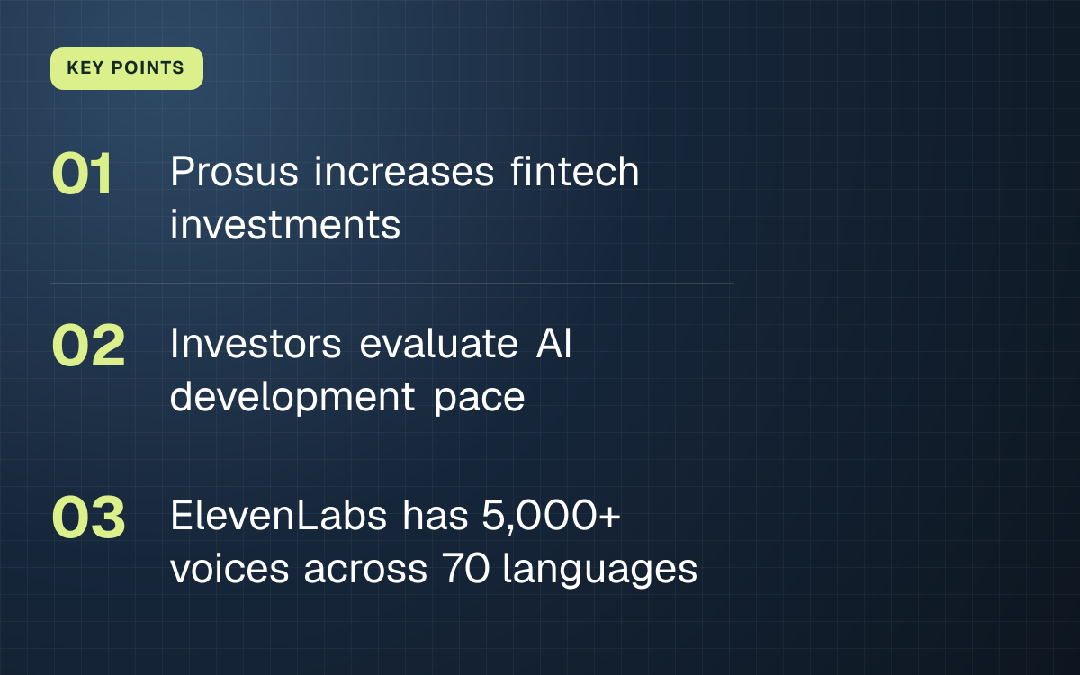 KEY POINTS. Prosus increases fintech investments; Investors evaluate AI development pace; ElevenLabs has 5,000+ voices across 70 languages.