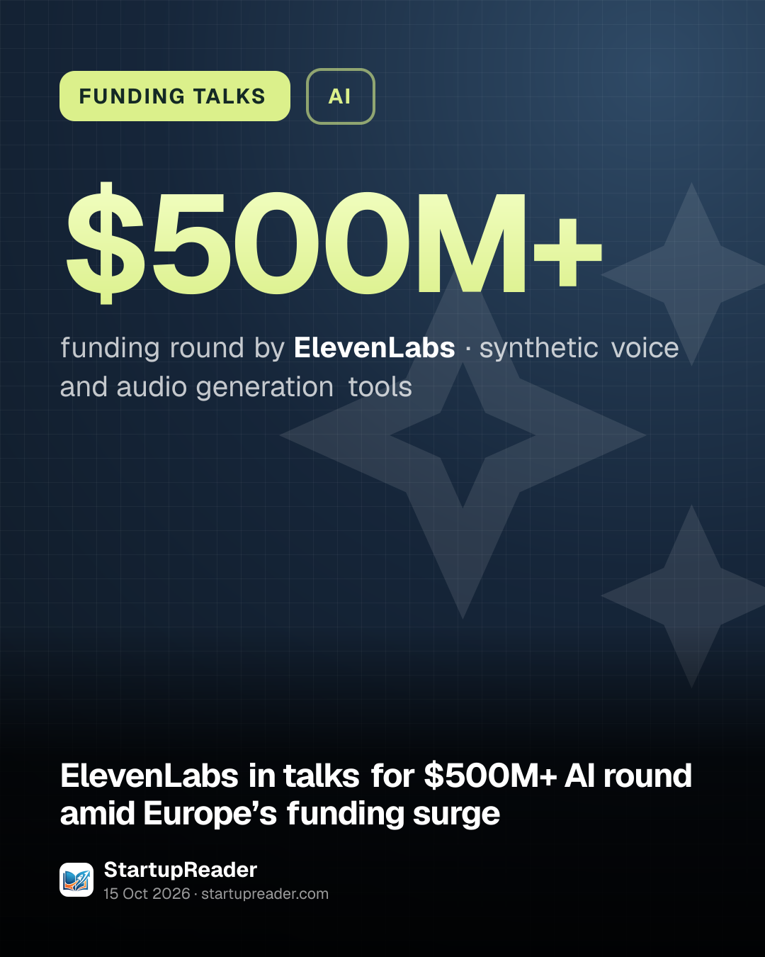 FUNDING TALKS. $500M+ funding round by ElevenLabs, synthetic voice and audio generation tools.