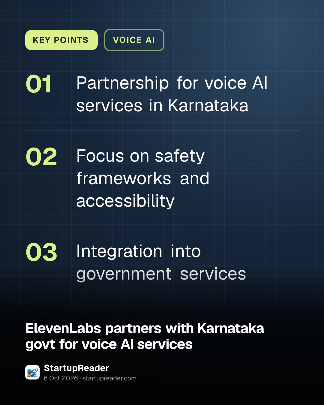 KEY POINTS. Partnership for voice AI services in Karnataka; Focus on safety frameworks and accessibility; Integration into government services.