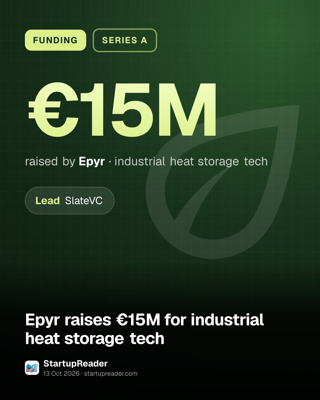 FUNDING. €15M raised by Epyr, industrial heat storage tech. led by SlateVC.