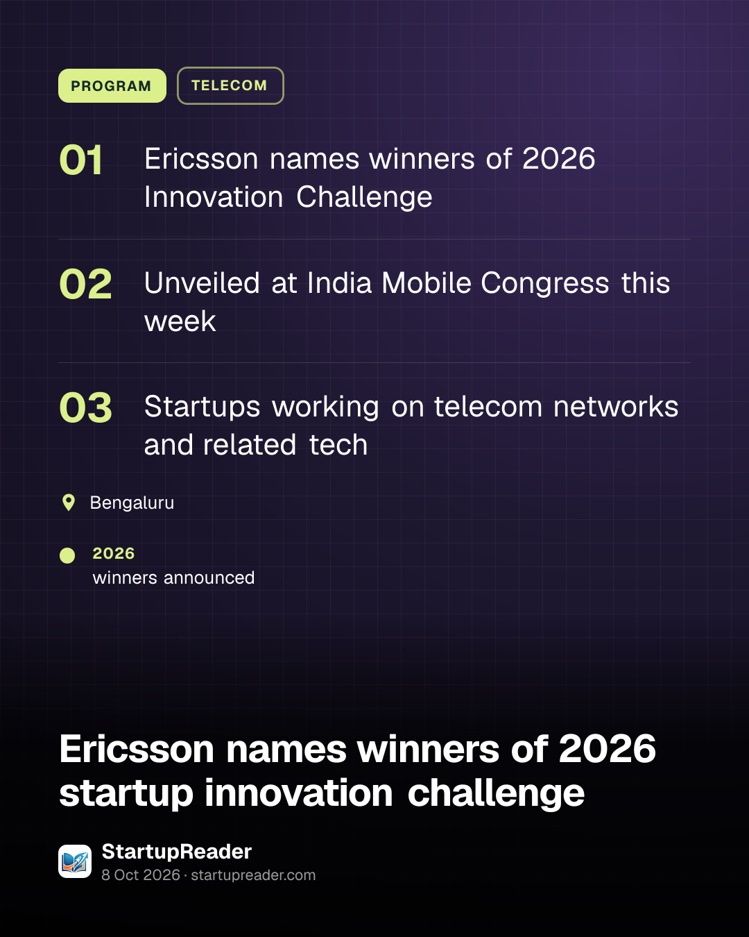 PROGRAM. Ericsson names winners of 2026 Innovation Challenge; Unveiled at India Mobile Congress this week; Startups working on telecom networks and related tech. Bengaluru. 2026: winners announced.