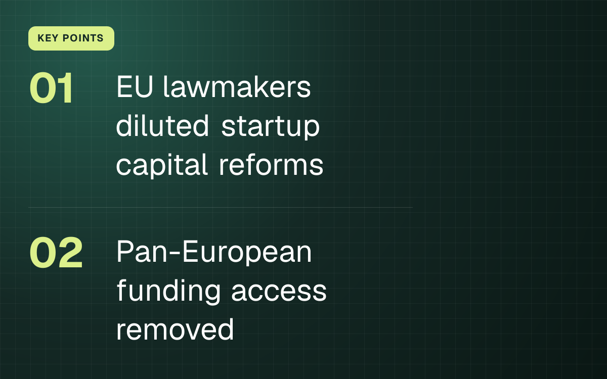 KEY POINTS. EU lawmakers diluted startup capital reforms; Pan-European funding access removed.