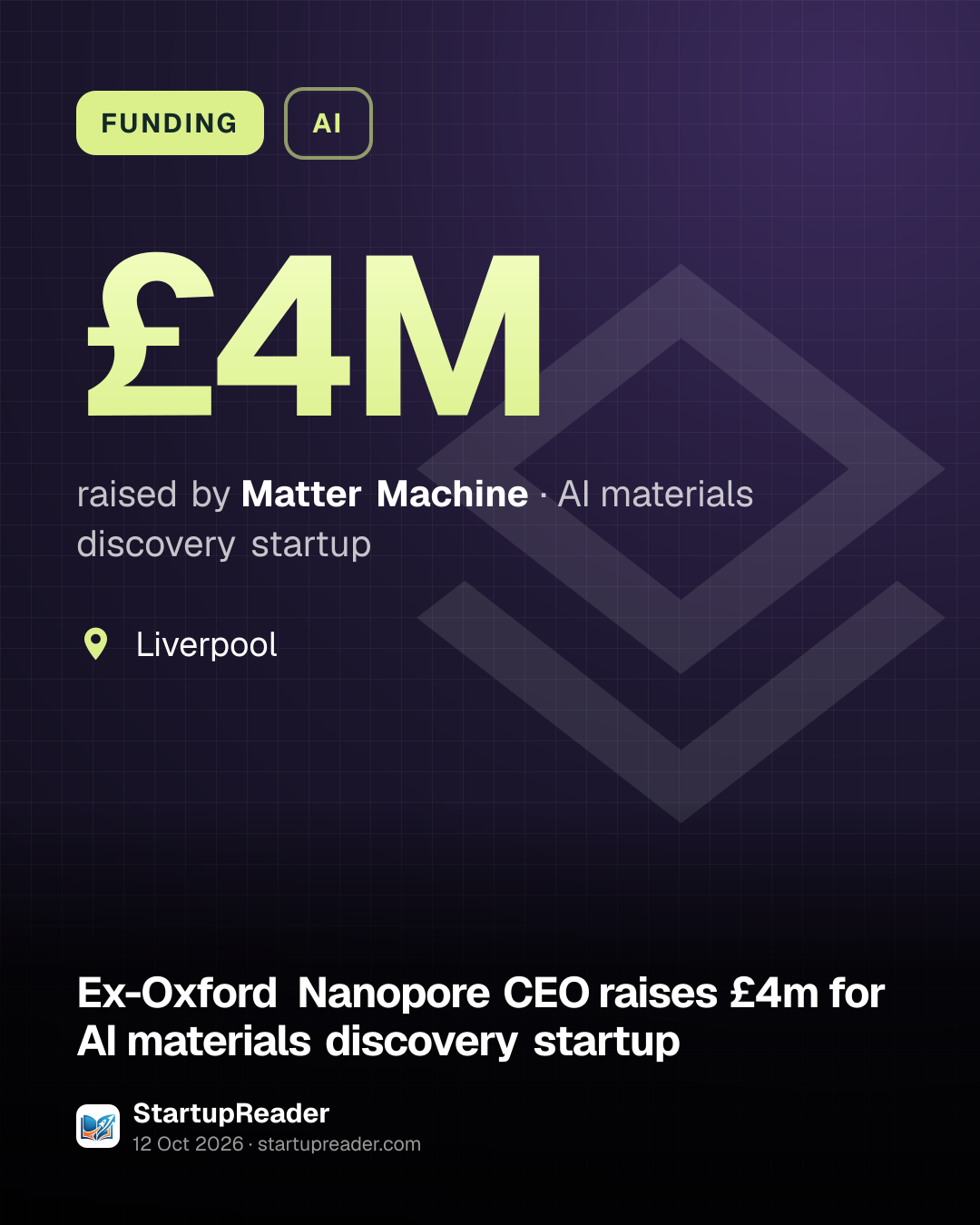 FUNDING. £4M raised by Matter Machine, AI materials discovery startup. Liverpool.