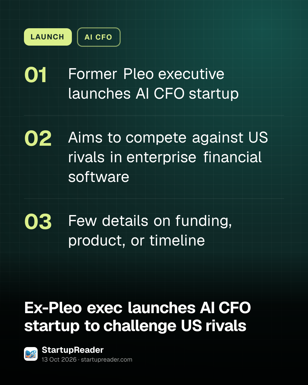 LAUNCH. Former Pleo executive launches AI CFO startup; Aims to compete against US rivals in enterprise financial software; Few details on funding, product, or timeline.