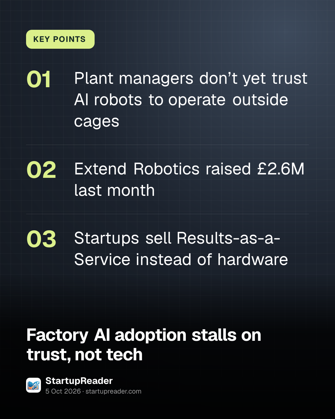 KEY POINTS. Plant managers don’t yet trust AI robots to operate outside cages; Extend Robotics raised £2.6M last month; Startups sell Results-as-a-Service instead of hardware.