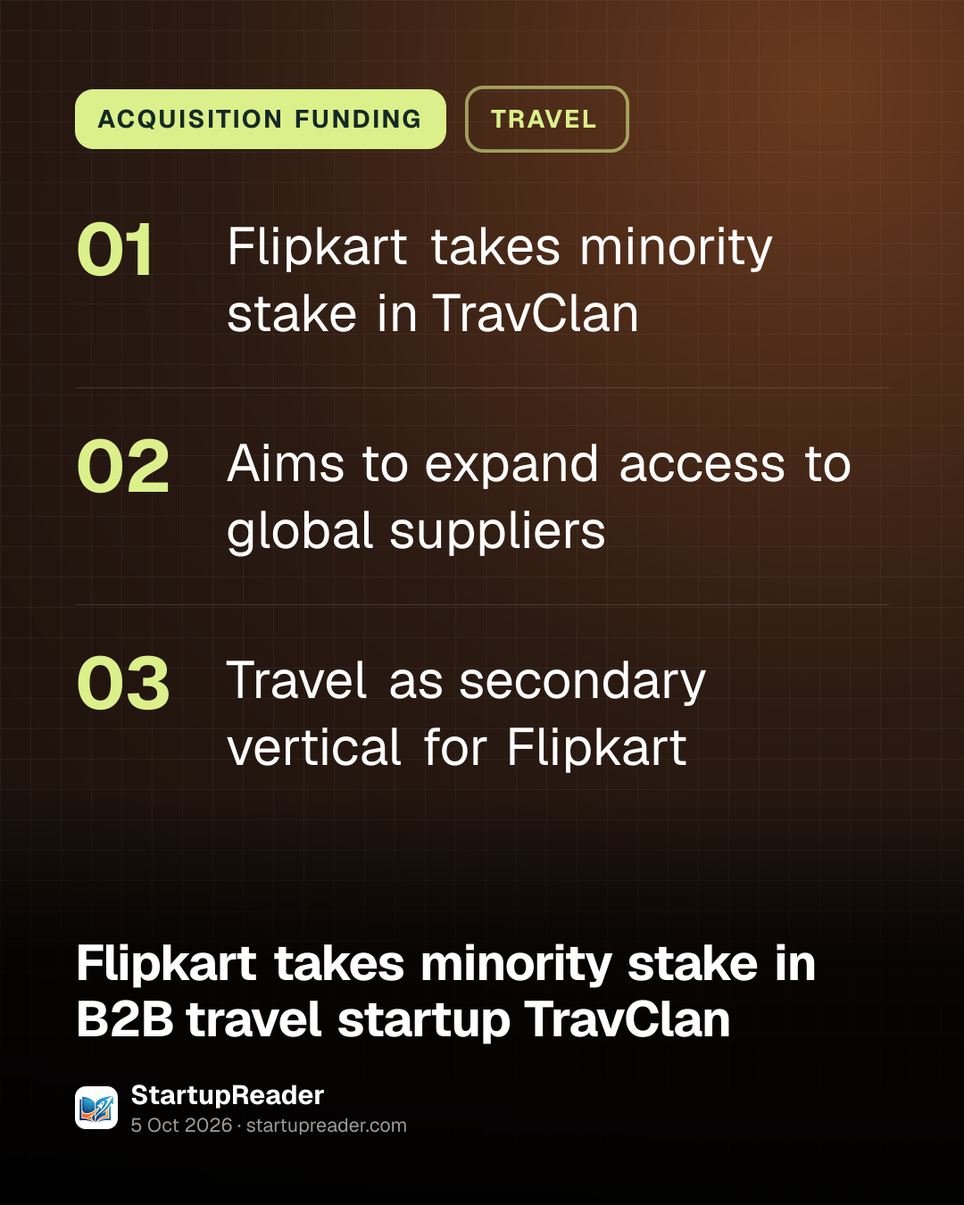 ACQUISITION FUNDING. Flipkart takes minority stake in TravClan; Aims to expand access to global suppliers; Travel as secondary vertical for Flipkart.