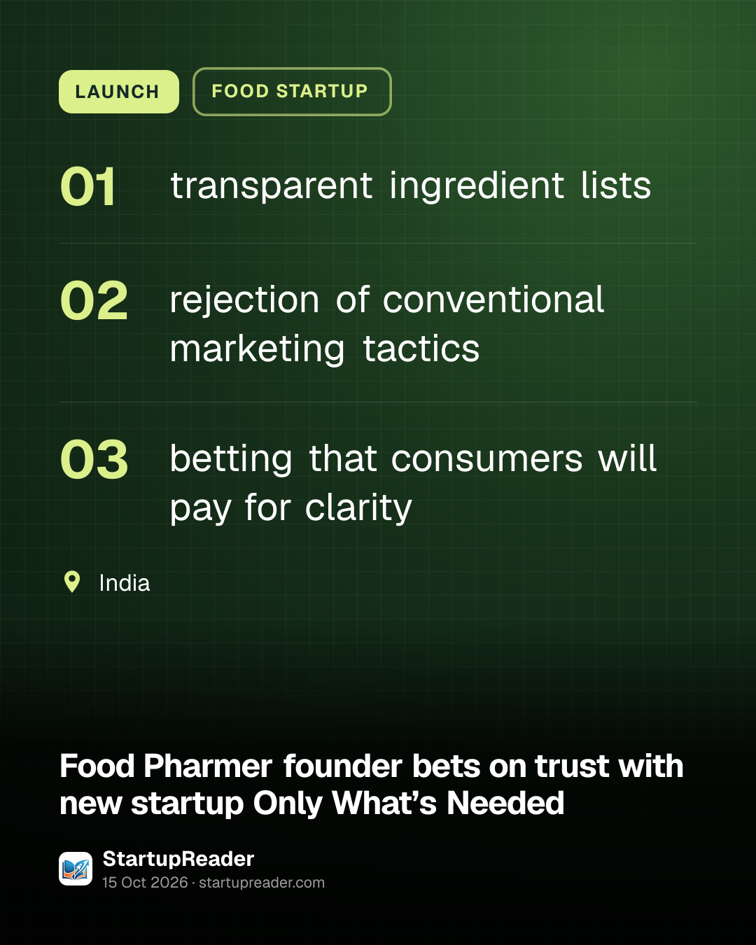 LAUNCH. transparent ingredient lists; rejection of conventional marketing tactics; betting that consumers will pay for clarity. India.