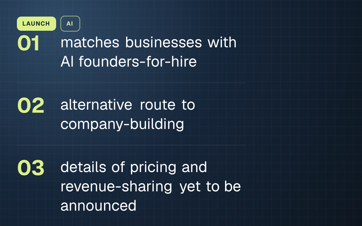 LAUNCH. matches businesses with AI founders-for-hire; alternative route to company-building; details of pricing and revenue-sharing yet to be announced.