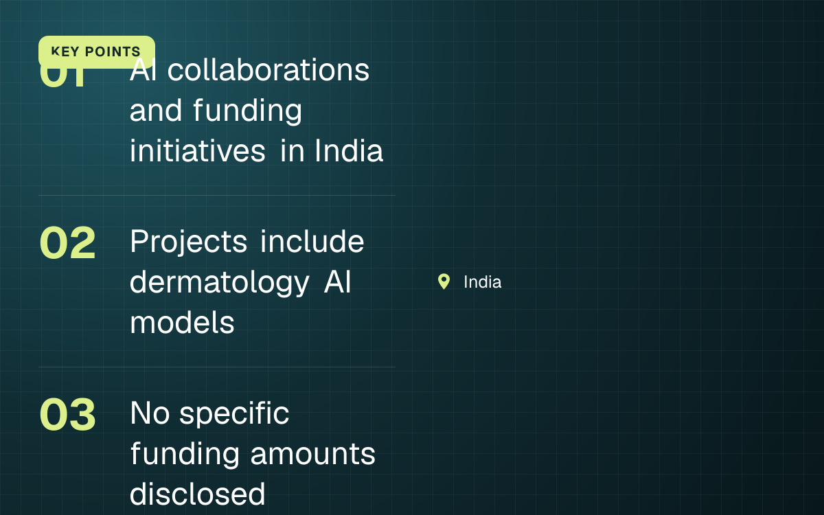 KEY POINTS. AI collaborations and funding initiatives in India; Projects include dermatology AI models; No specific funding amounts disclosed. India.