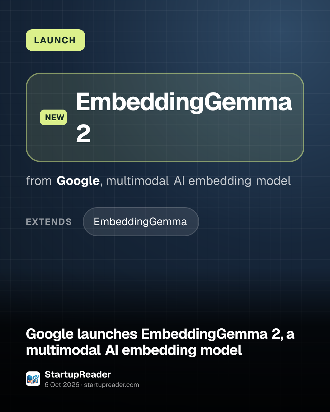 LAUNCH. EmbeddingGemma 2 from Google, multimodal AI embedding model. extends: EmbeddingGemma.