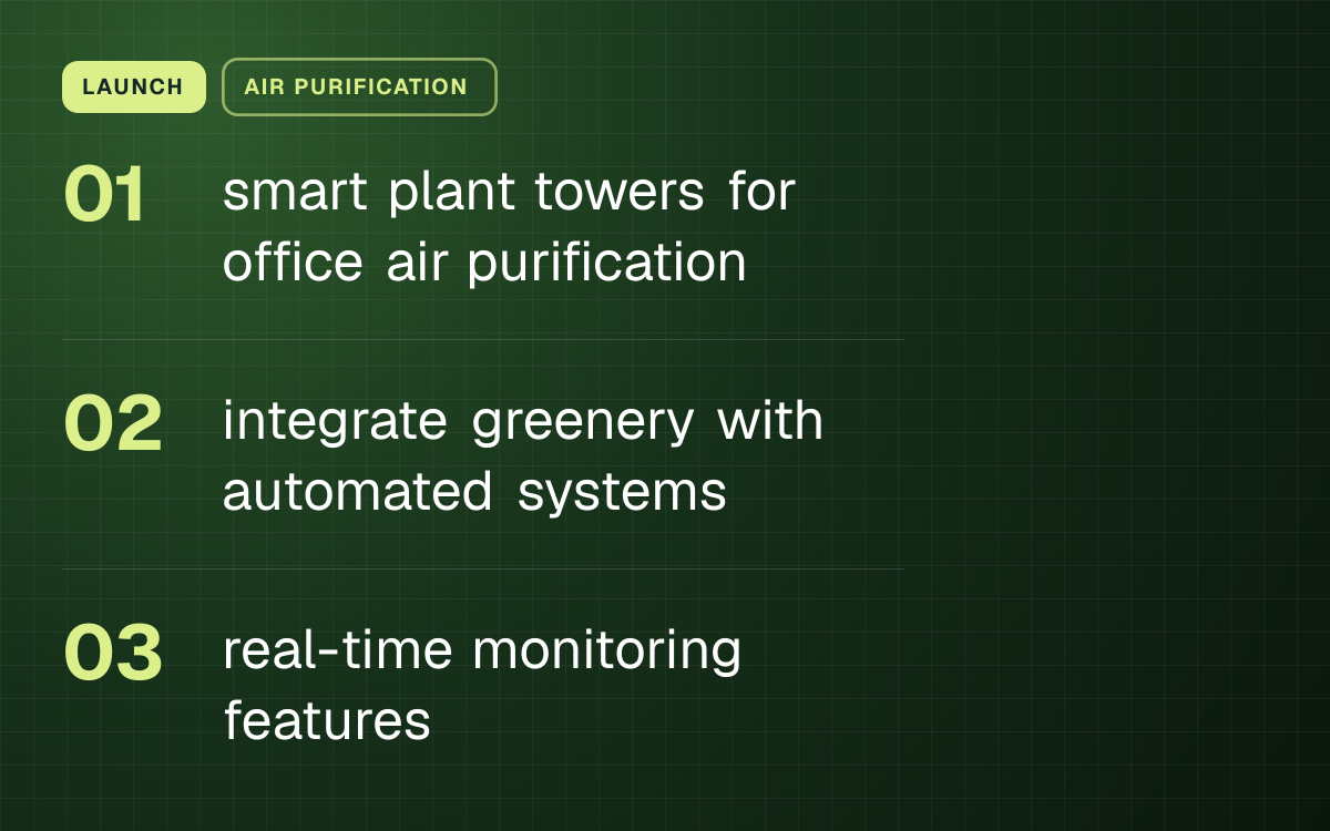 LAUNCH. smart plant towers for office air purification; integrate greenery with automated systems; real-time monitoring features.