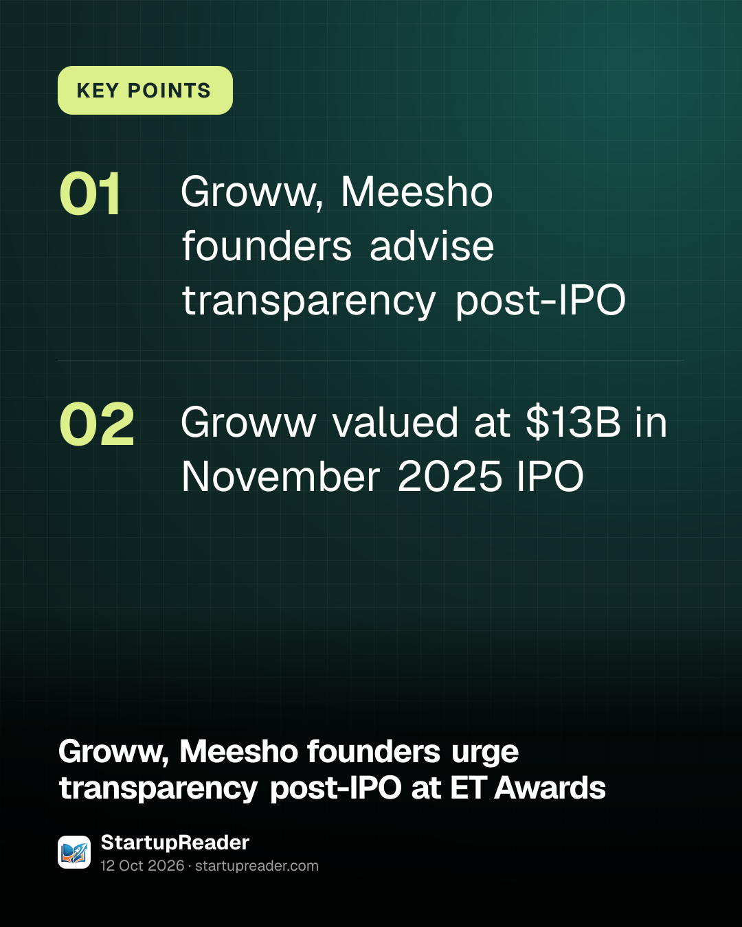 KEY POINTS. Groww, Meesho founders advise transparency post-IPO; Groww valued at $13B in November 2025 IPO.