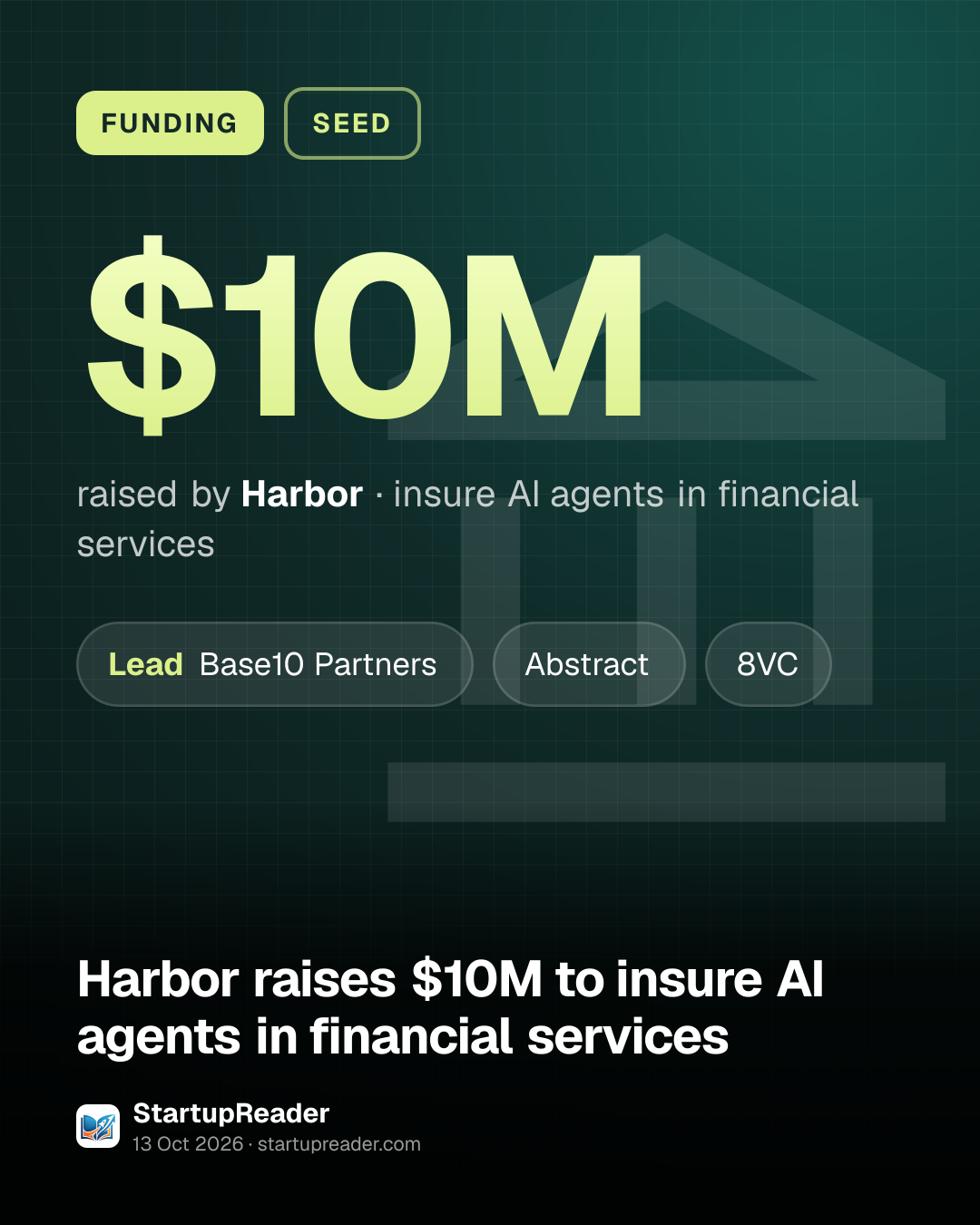 FUNDING. $10M raised by Harbor, insure AI agents in financial services. led by Base10 Partners, Abstract, 8VC.