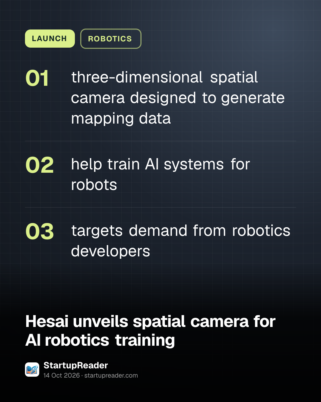 LAUNCH. three-dimensional spatial camera designed to generate mapping data; help train AI systems for robots; targets demand from robotics developers.