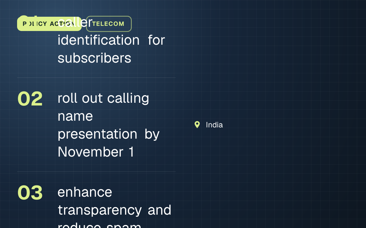 POLICY ACTION. caller identification for subscribers; roll out calling name presentation by November 1; enhance transparency and reduce spam. India.